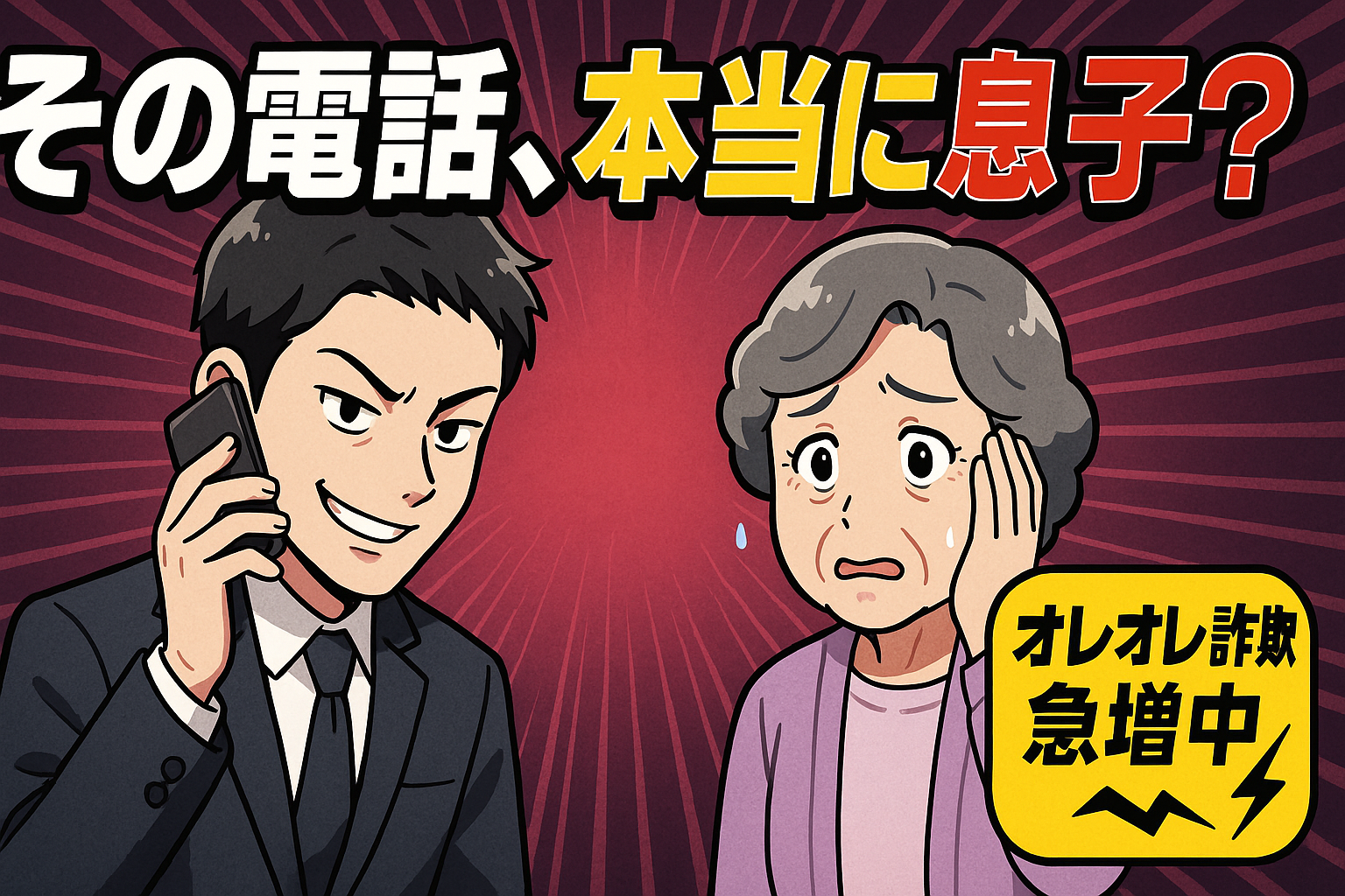 息子になりすます詐欺師の電話に不安な表情の高齢女性、オレオレ詐欺注意喚起のアイキャッチ画像