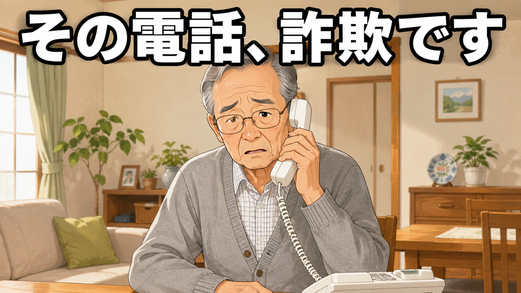 固定電話を持ち不安そうな高齢男性のイラストと「その電話、詐欺です」の見出し