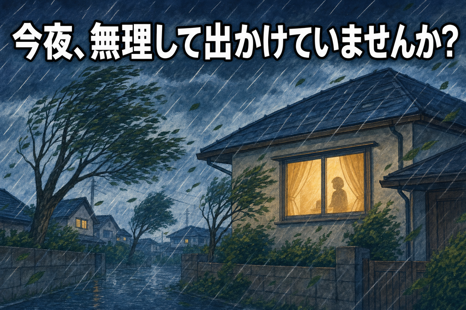 「今夜、無理して出かけていませんか？」の見出しとともに、暴風雨の中、窓明かりの灯る家を描いた台風15号注意喚起のアイキャッチ画像
