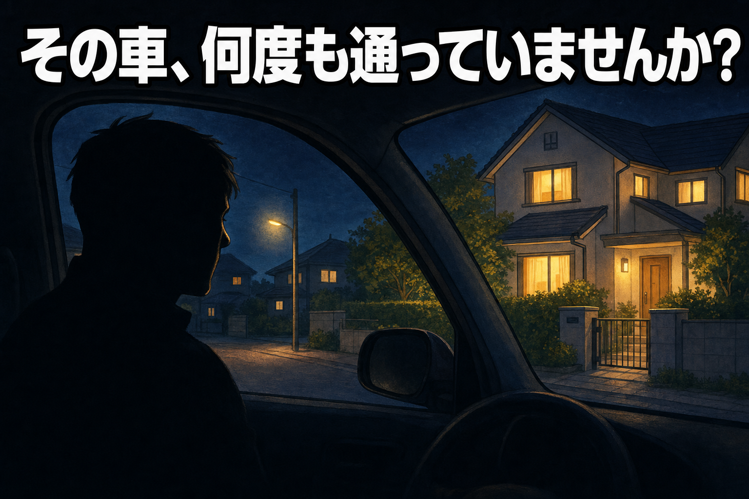 「その車、何度も通っていませんか？」の見出しとともに、車内から一軒家をうかがう不審な男のシルエットを描いた、強盗予備事件注意喚起のアイキャッチ画像