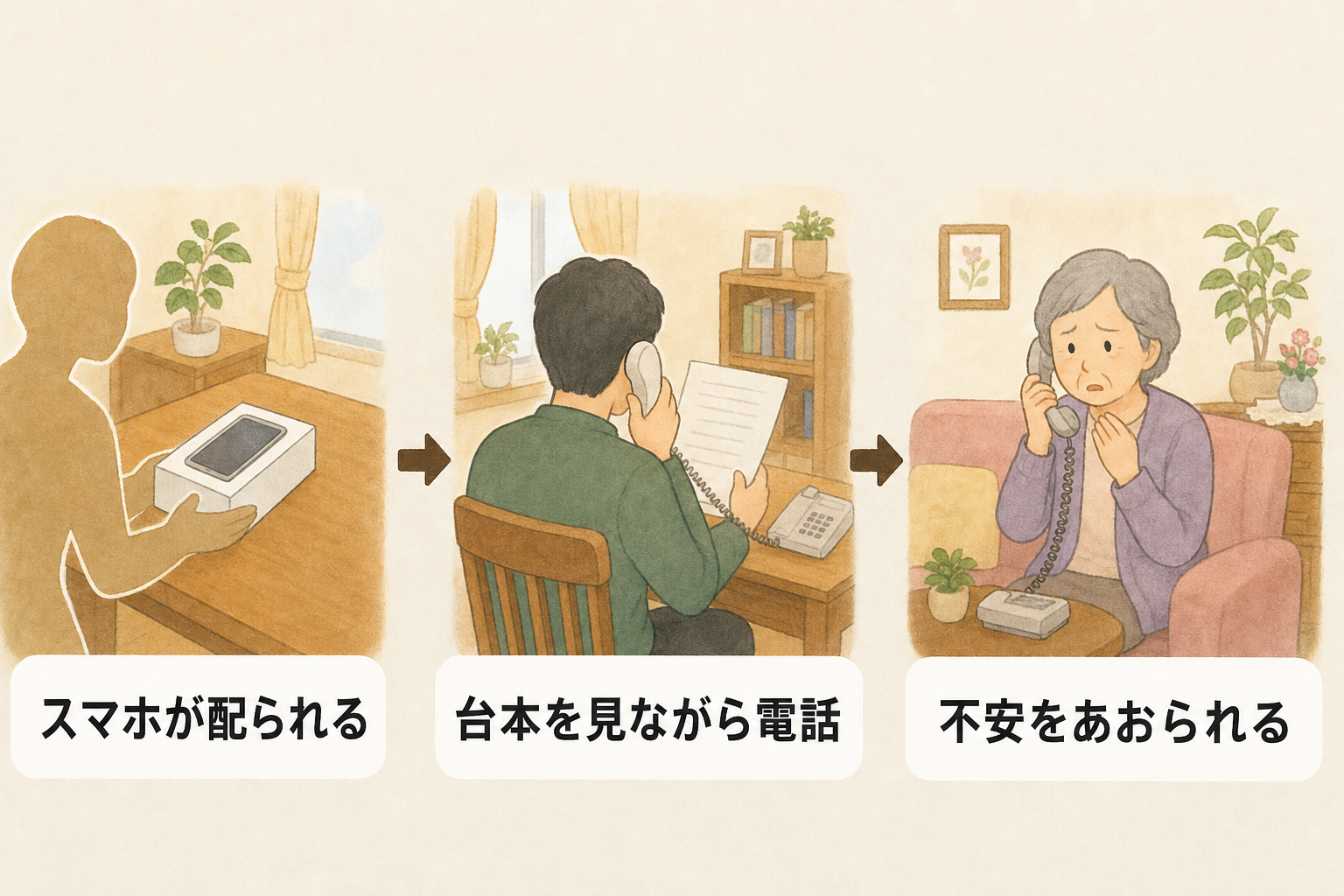 「スマホが配られる」「台本を見ながら電話」「不安をあおられる」の3コマで示す、かけ子による特殊詐欺の手口を表現したイラスト