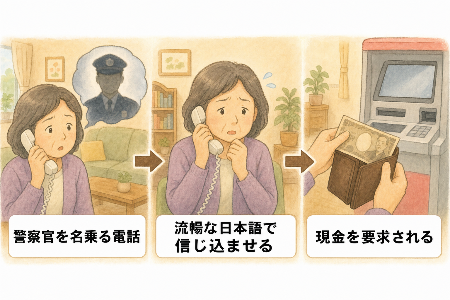 「警察官を名乗る電話」「流暢な日本語で信じ込ませる」「現金を要求される」の3コマで示す、海外拠点の警察官なりすまし詐欺の手口