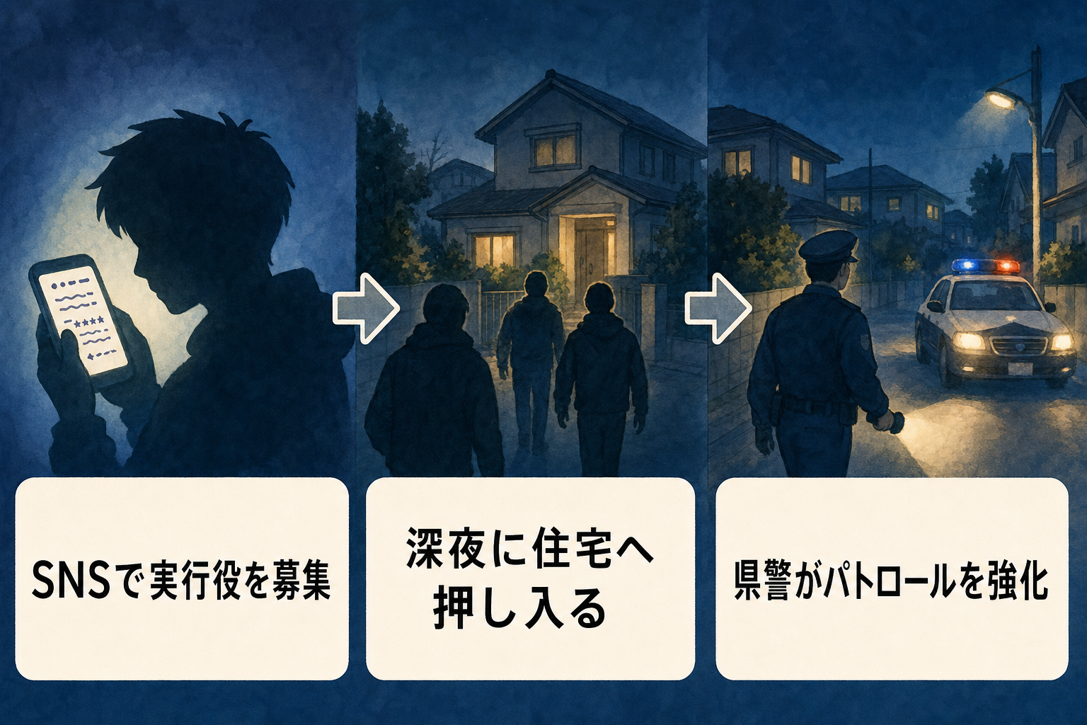 「SNSで実行役を募集」「深夜に住宅へ押し入る」「県警がパトロールを強化」の3コマで示す、トクリュウによる強盗致傷事件の手口を表現したイラスト