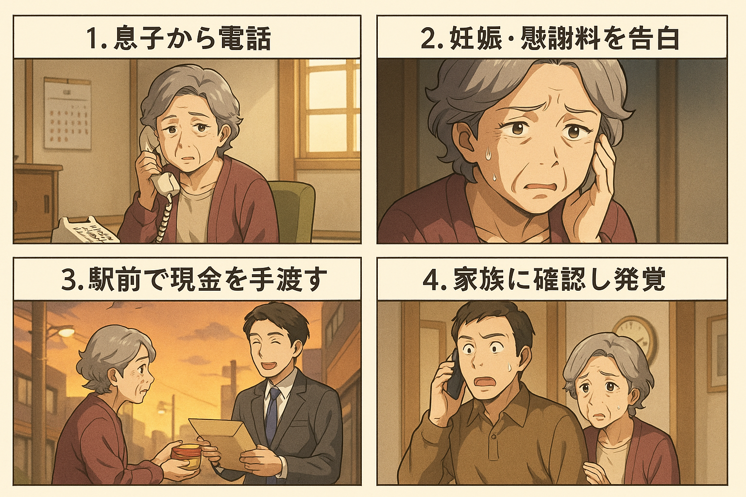 息子を装うオレオレ詐欺の手口を4コマで解説するイラスト