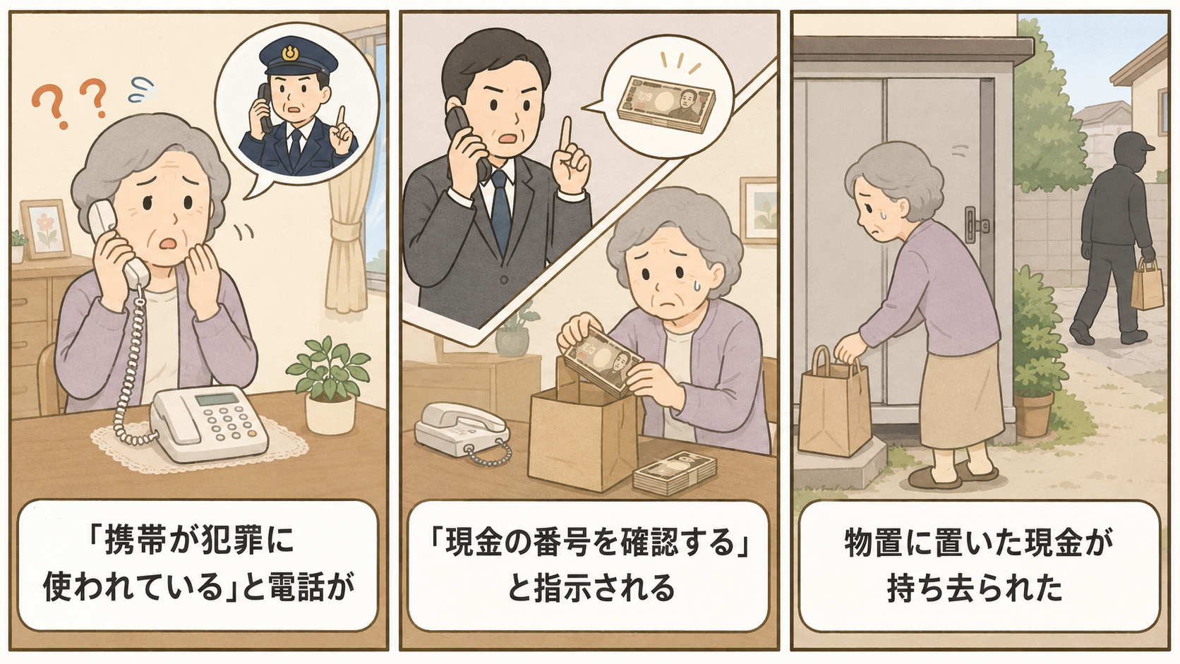 尾鷲の偽警察・検事詐欺の手口3コマ図解イラスト