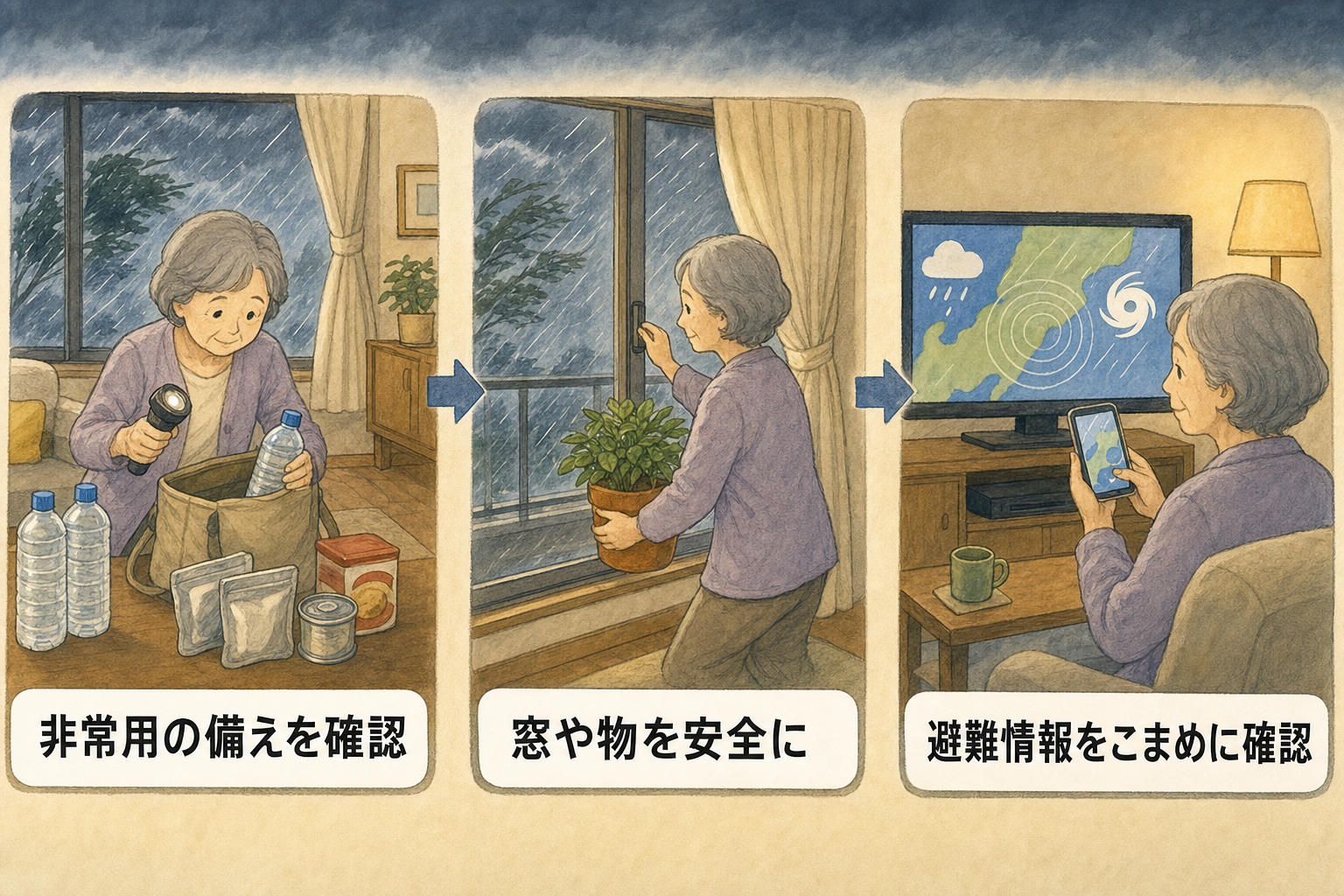 「非常用の備えを確認」「窓や物を安全に」「避難情報をこまめに確認」の3コマで示す、台風接近時の高齢者向け安全対策イラスト