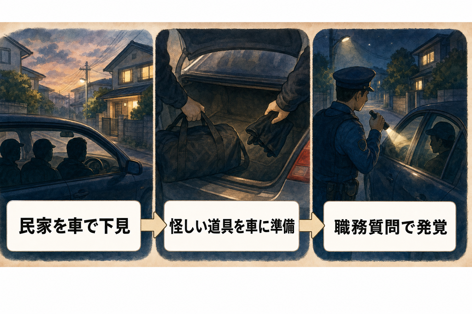 「民家を車で下見」「怪しい道具を車に準備」「職務質問で発覚」の3コマで示す、強盗予備事件の手口を表現したイラスト