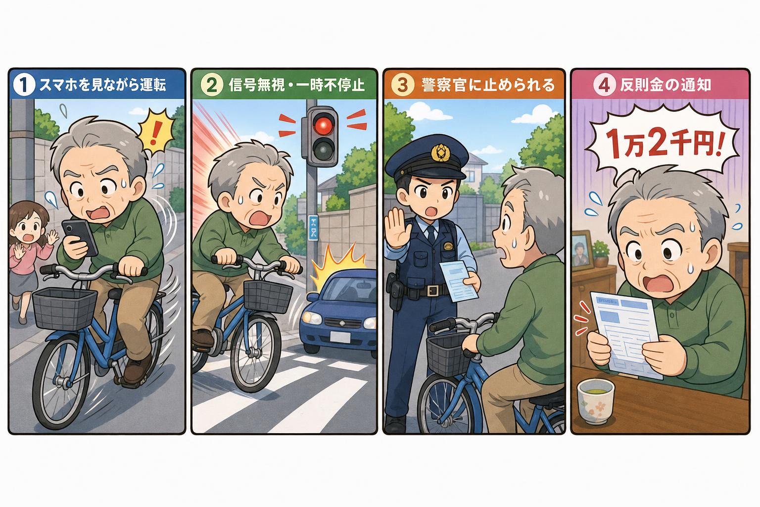自転車の青切符制度の違反と反則金を4コマで図解したイラスト
