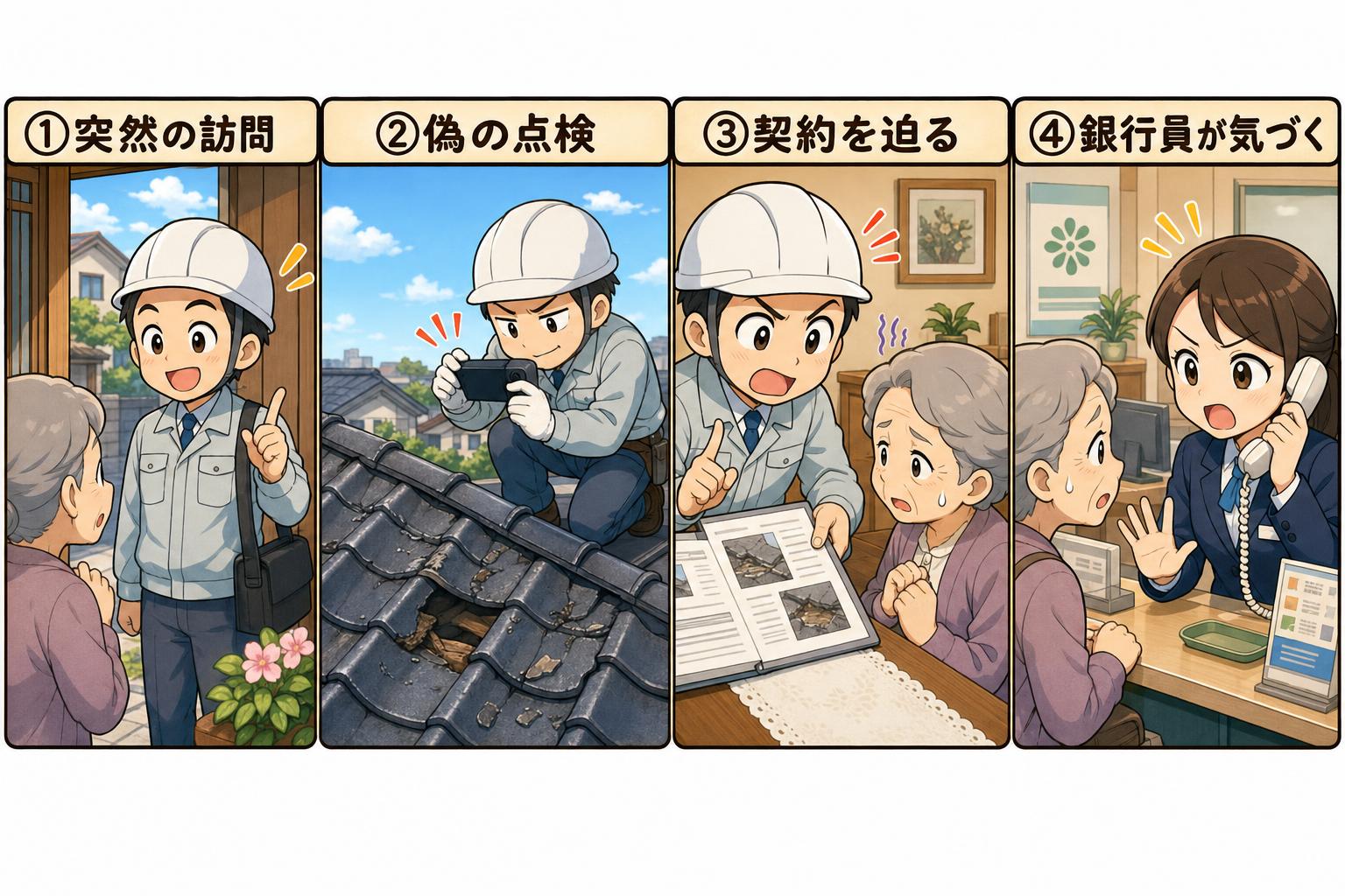 屋根点検商法の手口を4コマで図解したイラスト