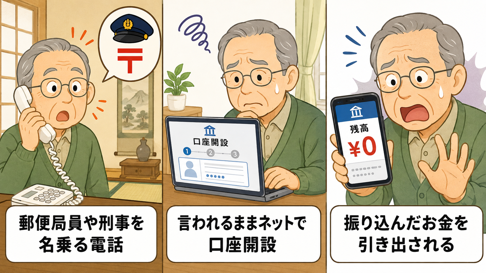郵便局員や刑事を名乗る電話からネットで口座を開設させられ、振り込んだお金を引き出されるまでの3コマ図解