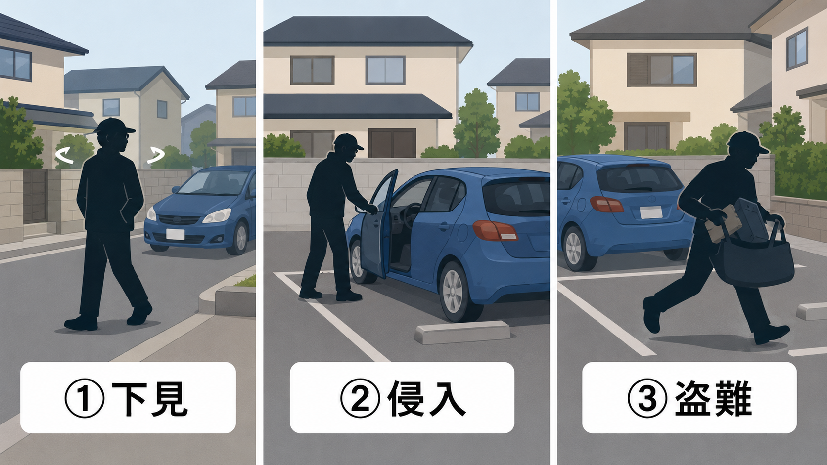 車上荒らしの手口を示す3コマイラスト。①下見②侵入③盗難の順に描かれている