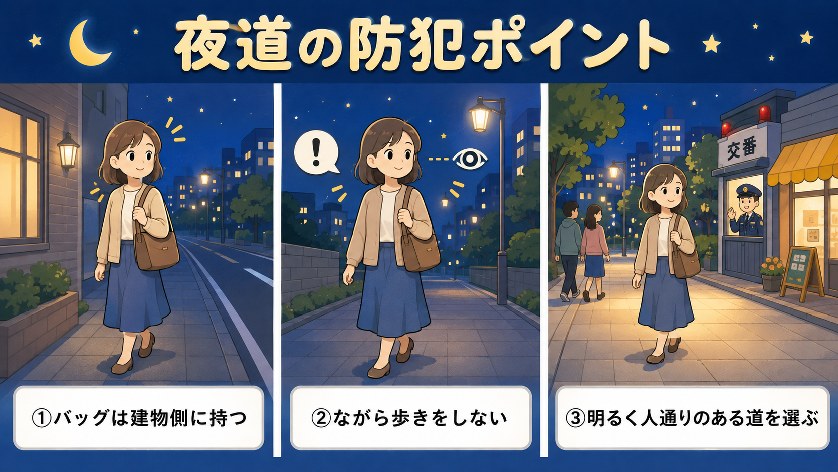 深夜のひったくりの防犯ポイントを示す3コマイラスト