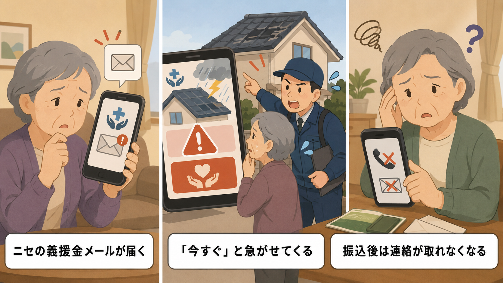 熊本地震に便乗した義援金詐欺の手口を3コマで解説するイラスト