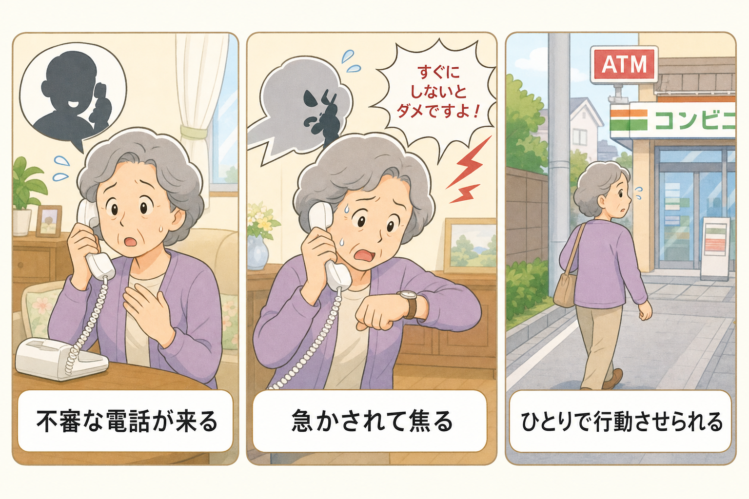 詐欺の予兆に気づく3つのポイントを図解したイラスト（不審な電話が来る、急かされて焦る、ひとりで行動させられる）