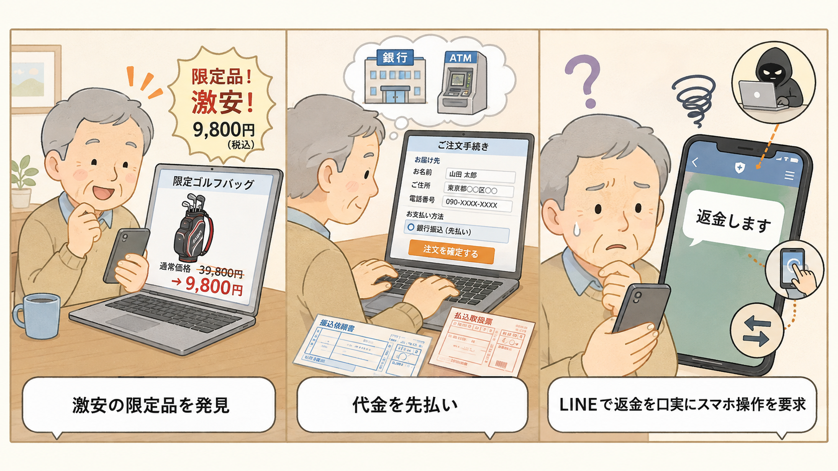 偽通販サイト詐欺の手口を示す3コマイラスト。①激安の限定品を発見②代金を先払い③LINEで返金を口実にスマホ操作を要求