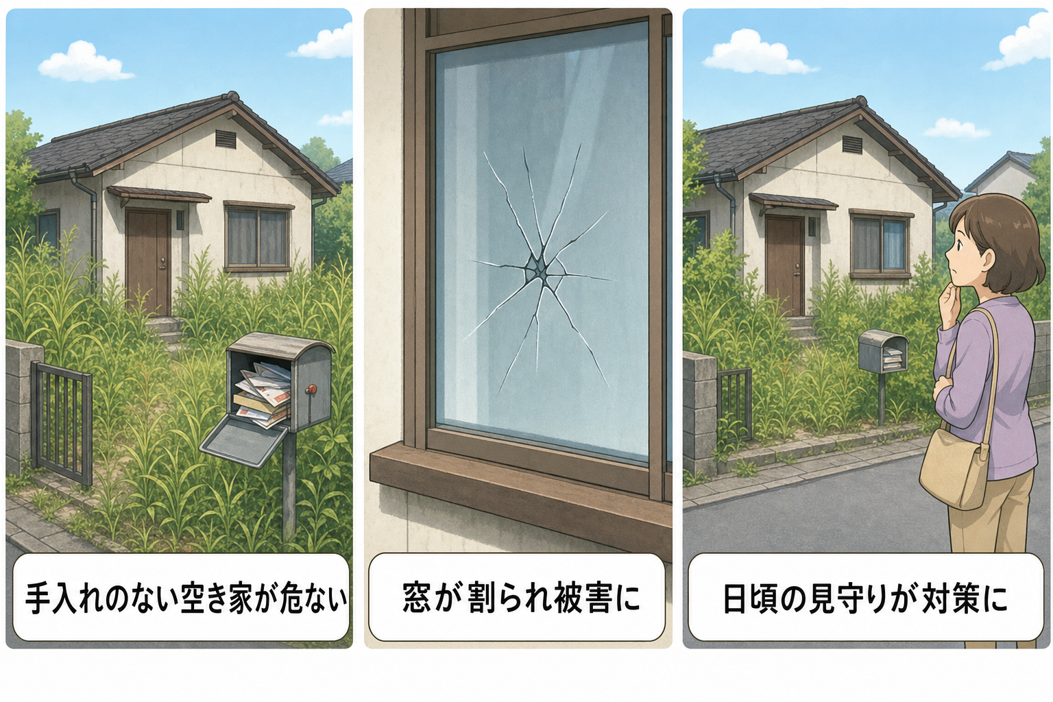 空き家窃盗の手口を示す3コマイラスト:手入れのない空き家、割られた窓、近所の見守り