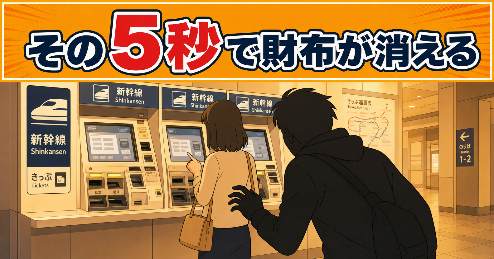 東京駅の券売機での置き引き事件をテーマにしたアイキャッチ画像「その5秒で財布が消える」