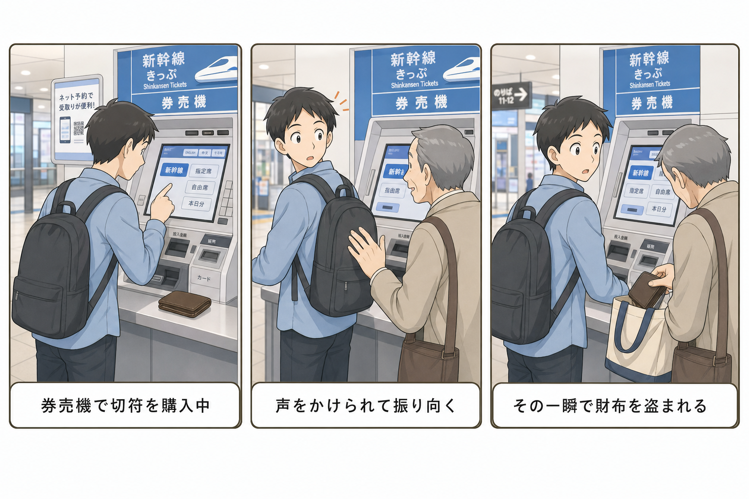券売機での置き引きの手口を示す3コマイラスト:切符購入中、声をかけられて振り向く、その隙に財布を盗まれる