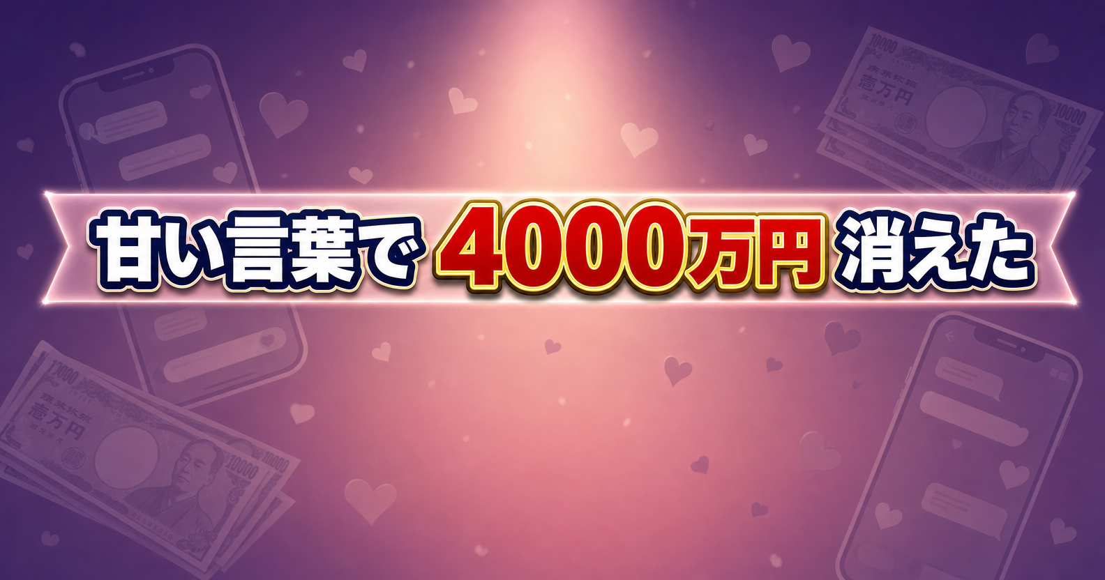 「甘い言葉で4000万円消えた」というキャッチコピーとハート・紙幣のモチーフを描いたロマンス詐欺注意喚起のアイキャッチ画像