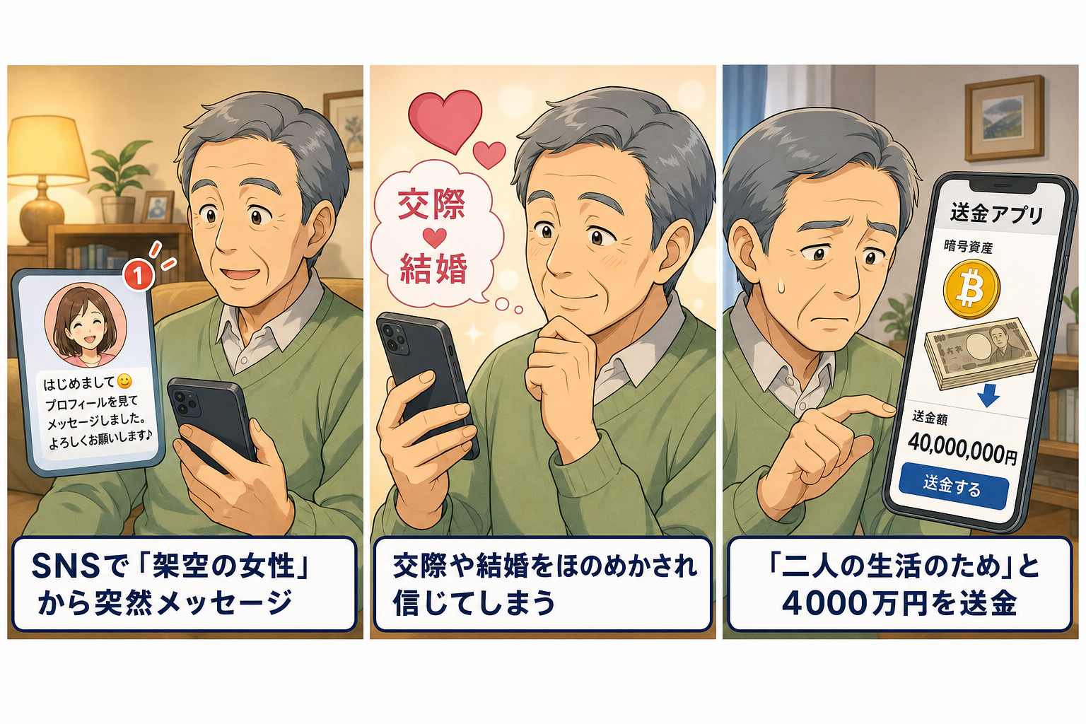 ロマンス詐欺の手口を示す3コマイラスト:SNSで架空の女性から接触、交際や結婚をほのめかされ信頼、二人の生活のためと4000万円を送金
