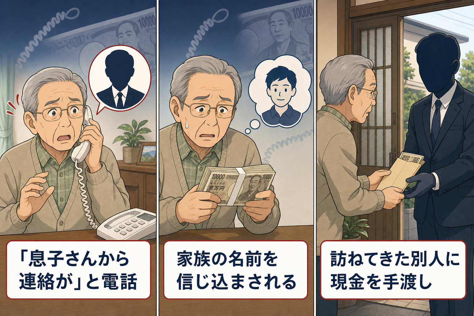 オレオレ詐欺の手口を示す3コマイラスト:飲食店の支店長を名乗る電話で「息子さんから連絡が」と告げられ、家族の名前を信じ込まされ、訪ねてきた別人に現金2400万円を手渡した