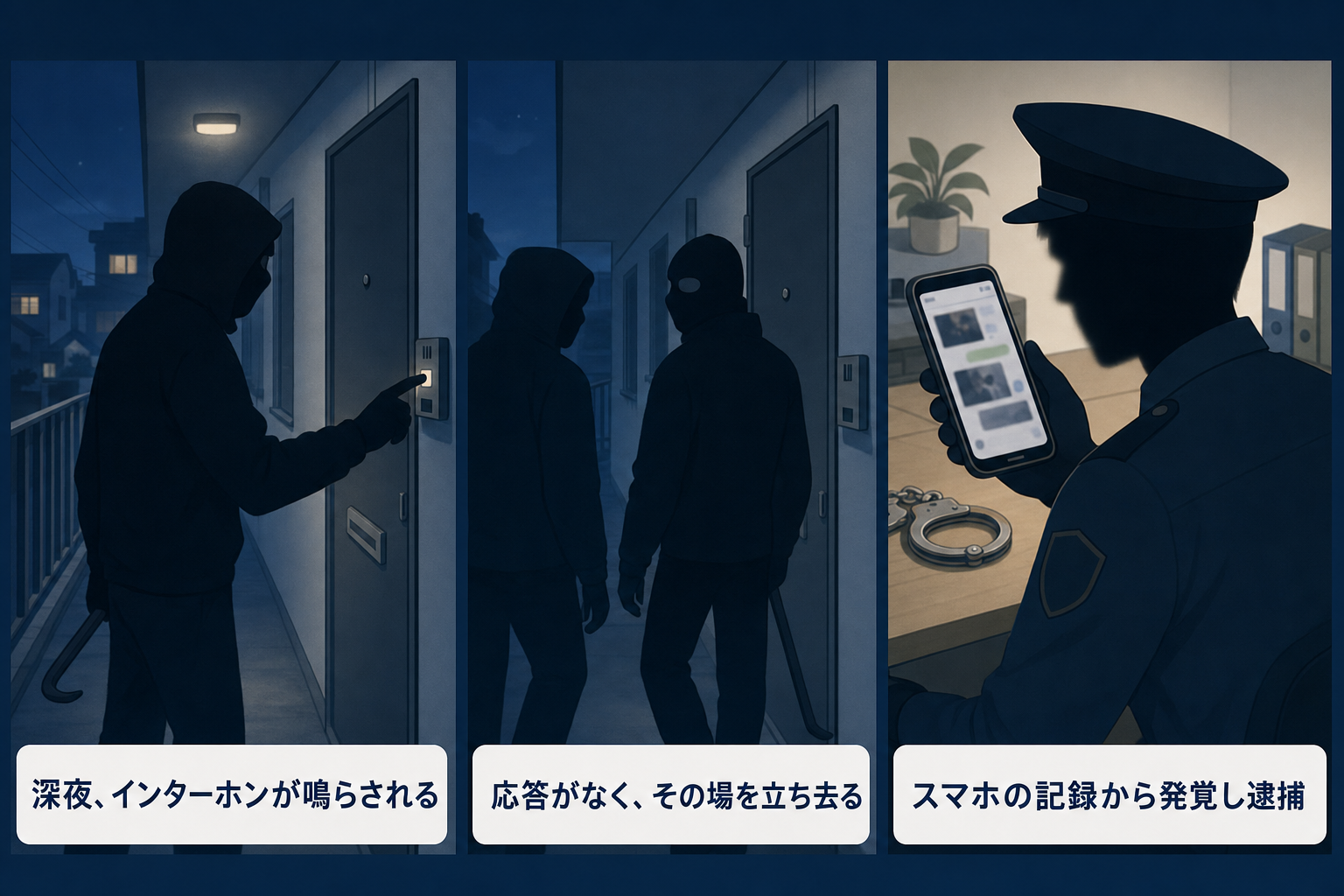 インターホンを使った強盗の下見から発覚・逮捕までの流れを示す3コマイラスト