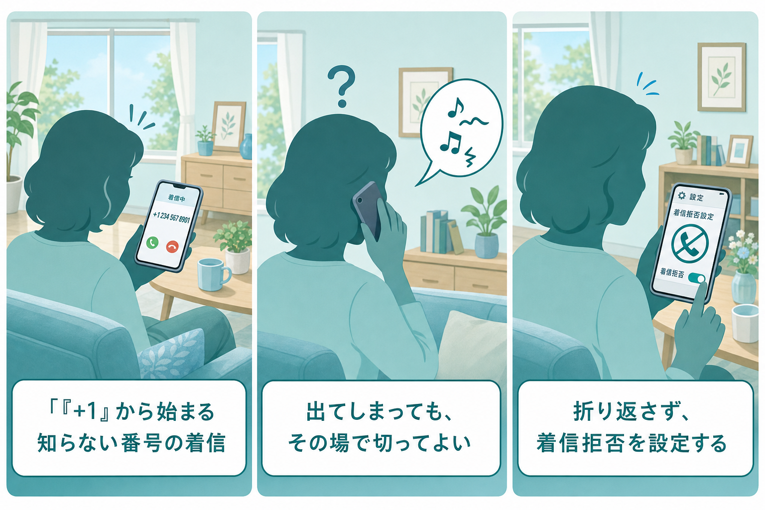 国際電話に出てしまった時の対処法を示す3コマイラスト:『+1』から始まる知らない番号の着信、出てしまっても切ってよい、折り返さず着信拒否を設定する