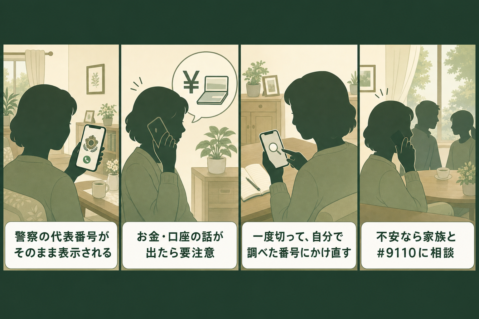 警察から電話が来た時に本物かどうかを確かめる4コマ解説イラスト