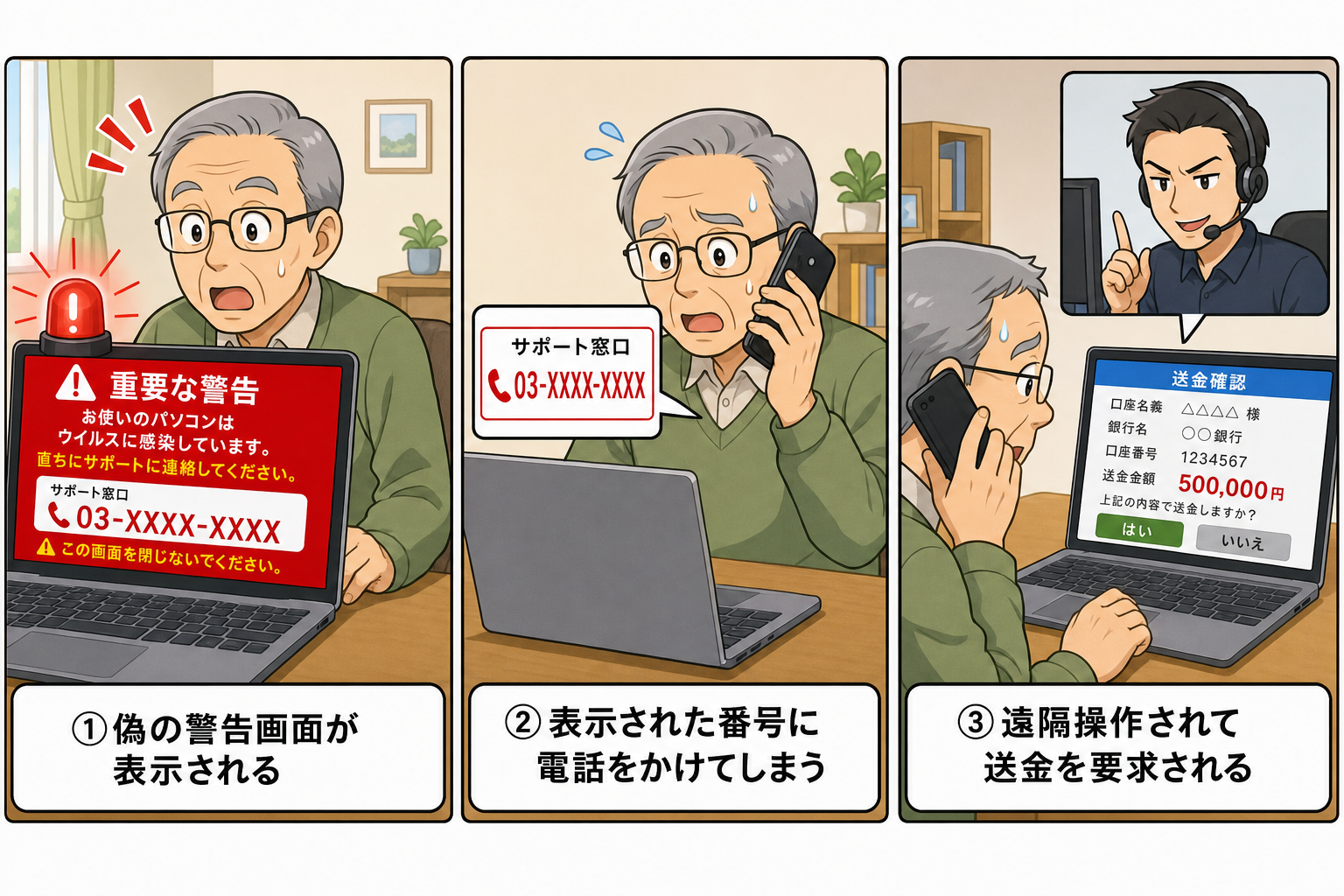 サポート詐欺の画面の消し方が分かる手口の3コマ解説イラスト