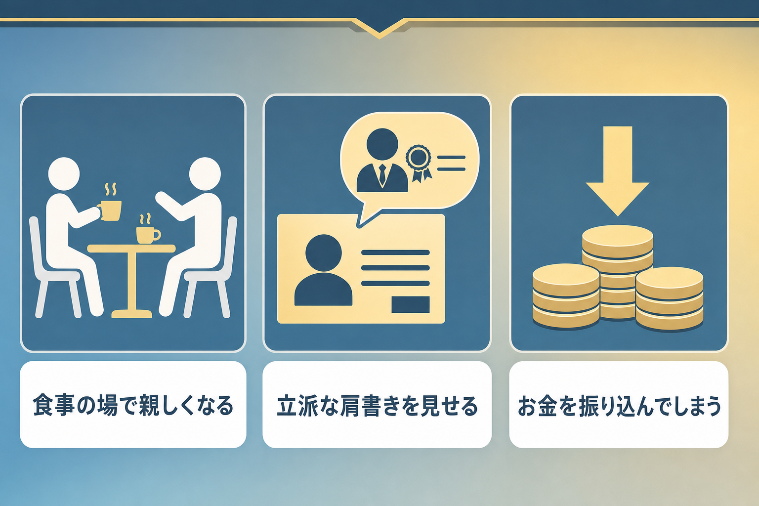 未公開株詐欺の手口を3コマで解説するイラスト。接触・信用させる・金銭要求の流れ