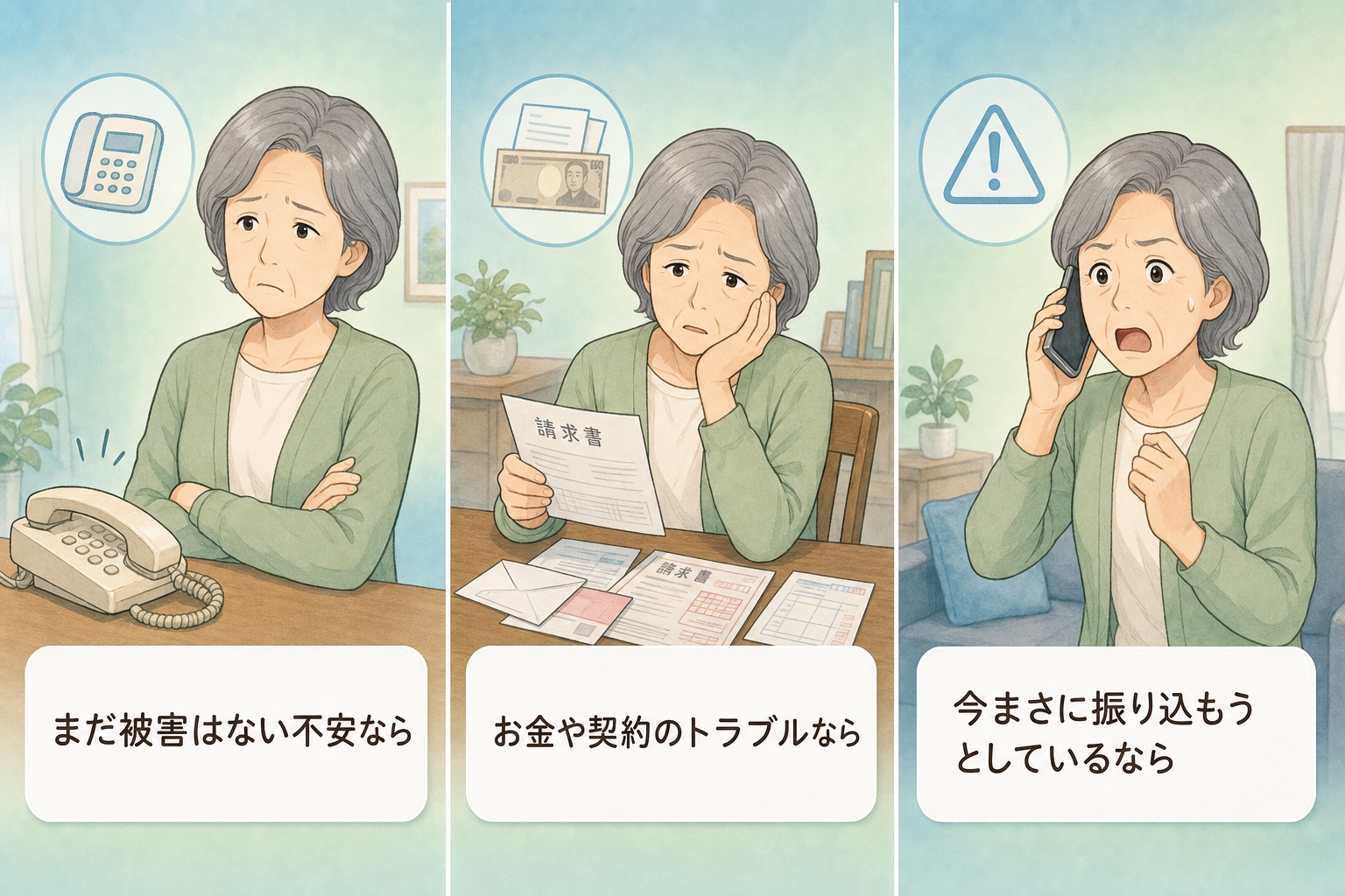 詐欺かもと思った時の相談窓口の使い分け方を示す図解イラスト
