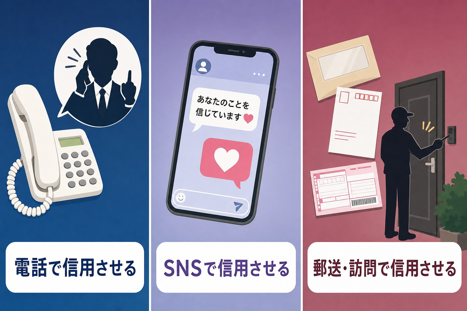 特殊詐欺の手口(電話・SNS・郵送訪問)の接触経路を示す図解イラスト