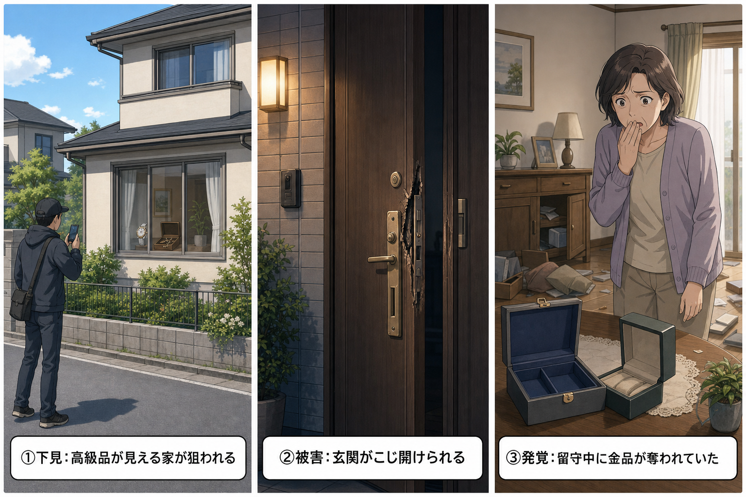 空き巣の手口(下見・侵入被害・発覚まで)を示す3コマイラスト