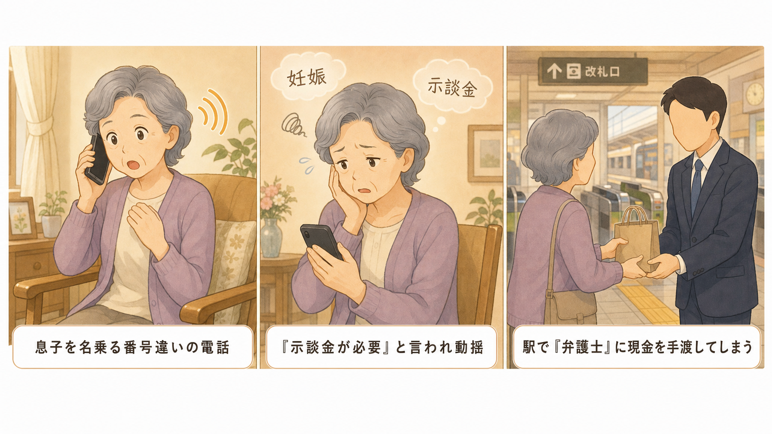 息子を名乗る電話で『示談金が必要』と言われ駅で現金を渡してしまう詐欺の手口イラスト