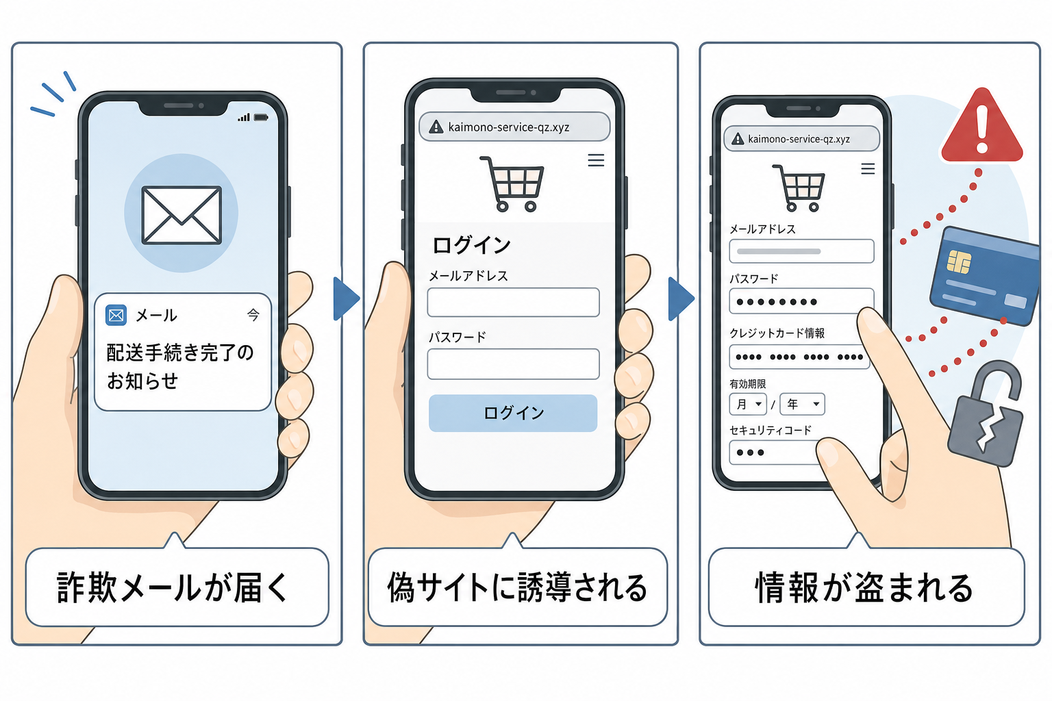 Amazon詐欺メールの手口を示す図解イラスト。メール受信から偽サイト誘導、情報盗難までの流れ