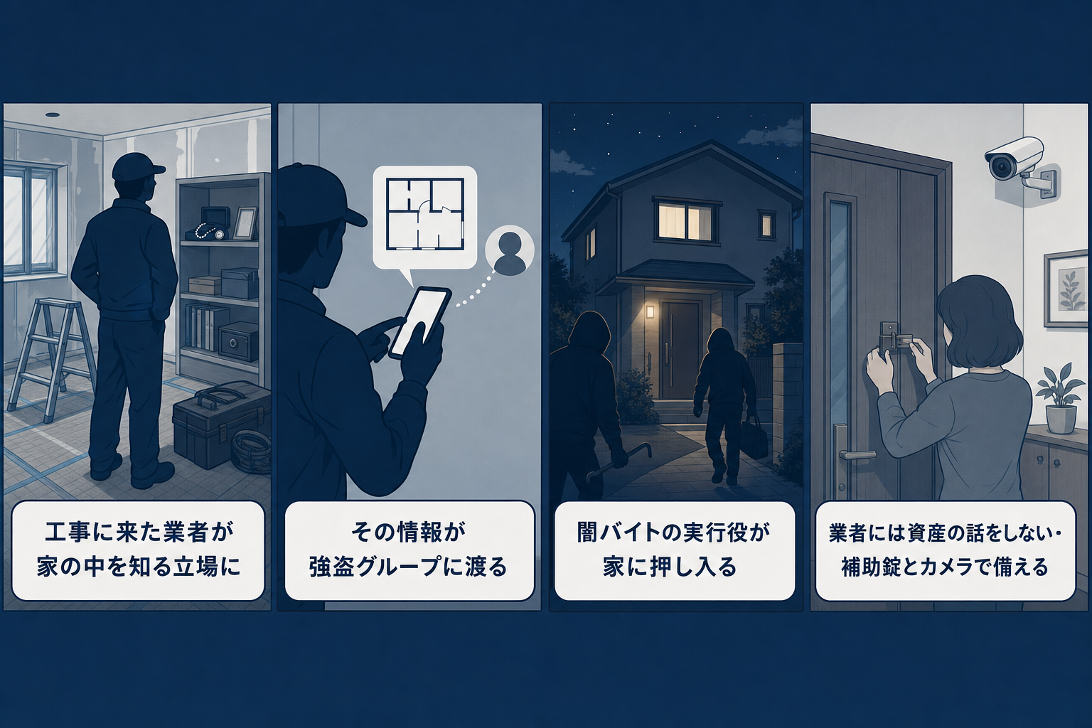 強盗の下見につながるリフォーム業者からの情報流出の手口を示す4コマイラスト