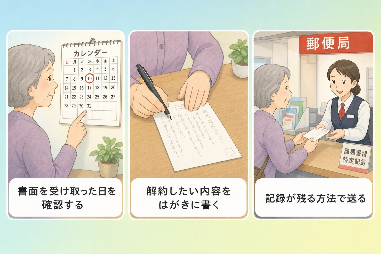 クーリングオフのやり方3ステップ:書面を受け取った日を確認し、はがきに解約内容を書いて、記録が残る方法で送るイラスト