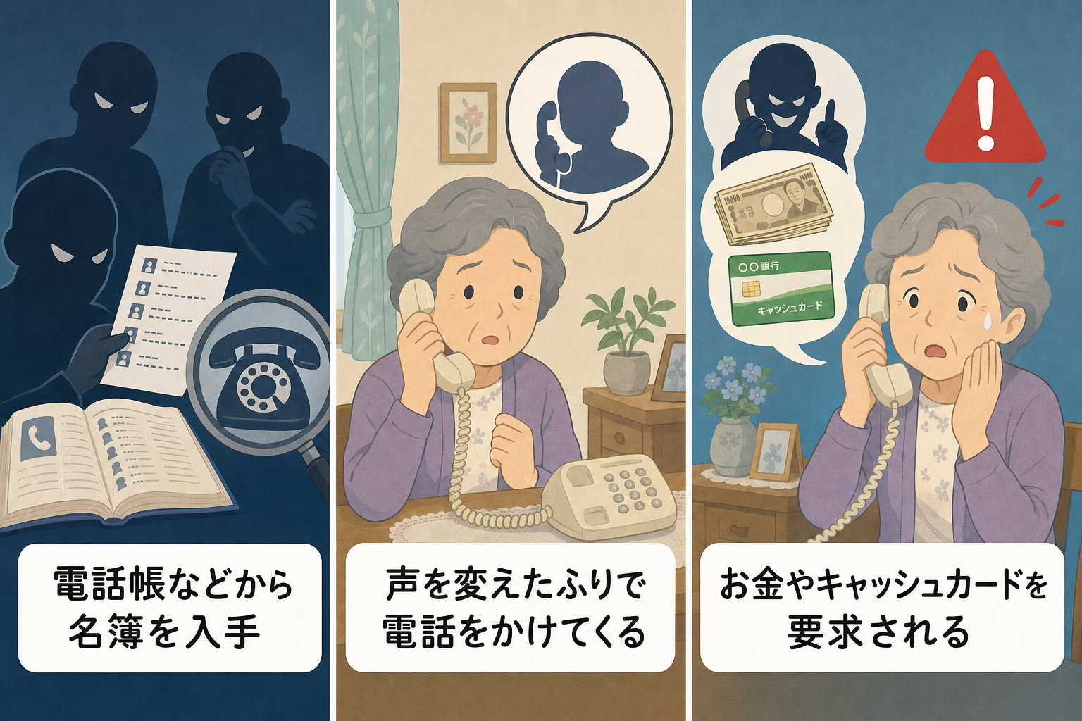 固定電話 詐欺対策の手口を解説する3コマイラスト