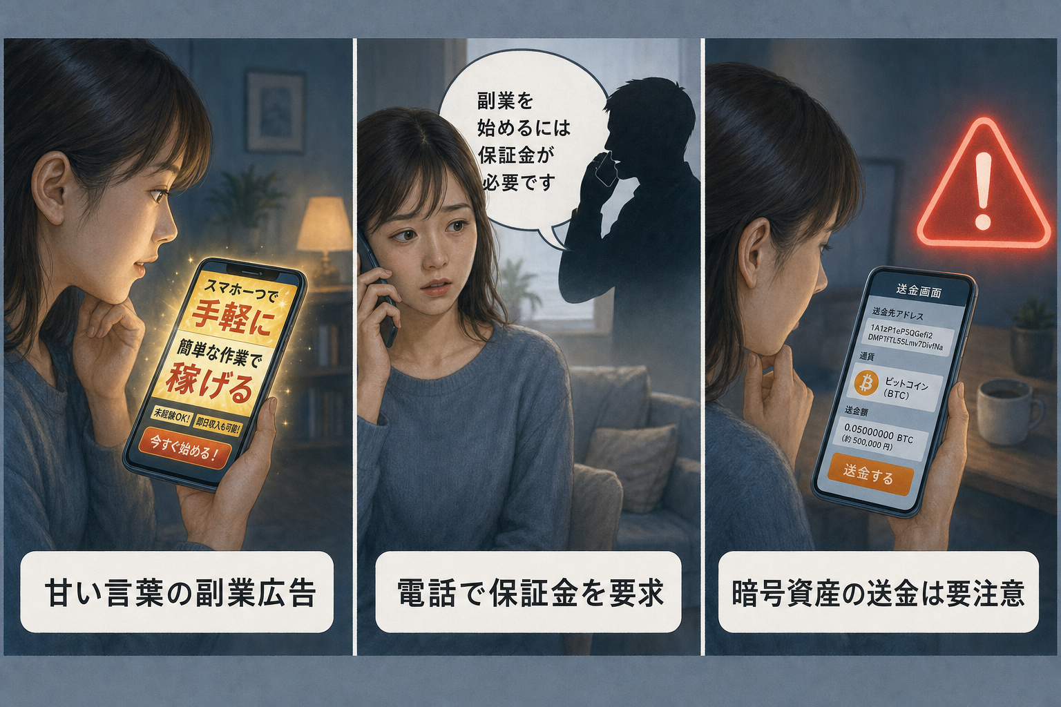 副業詐欺の保証金要求の手口を示すイラスト