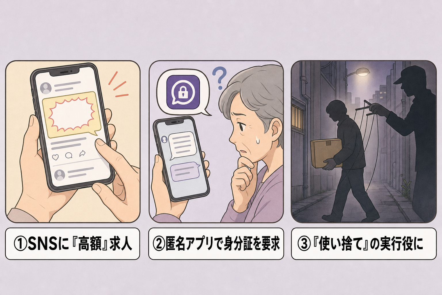 闇バイトとは何かを示す、SNSの高額求人から匿名アプリでの身分証要求、使い捨ての実行役にされるまでの3コマ図解イラスト