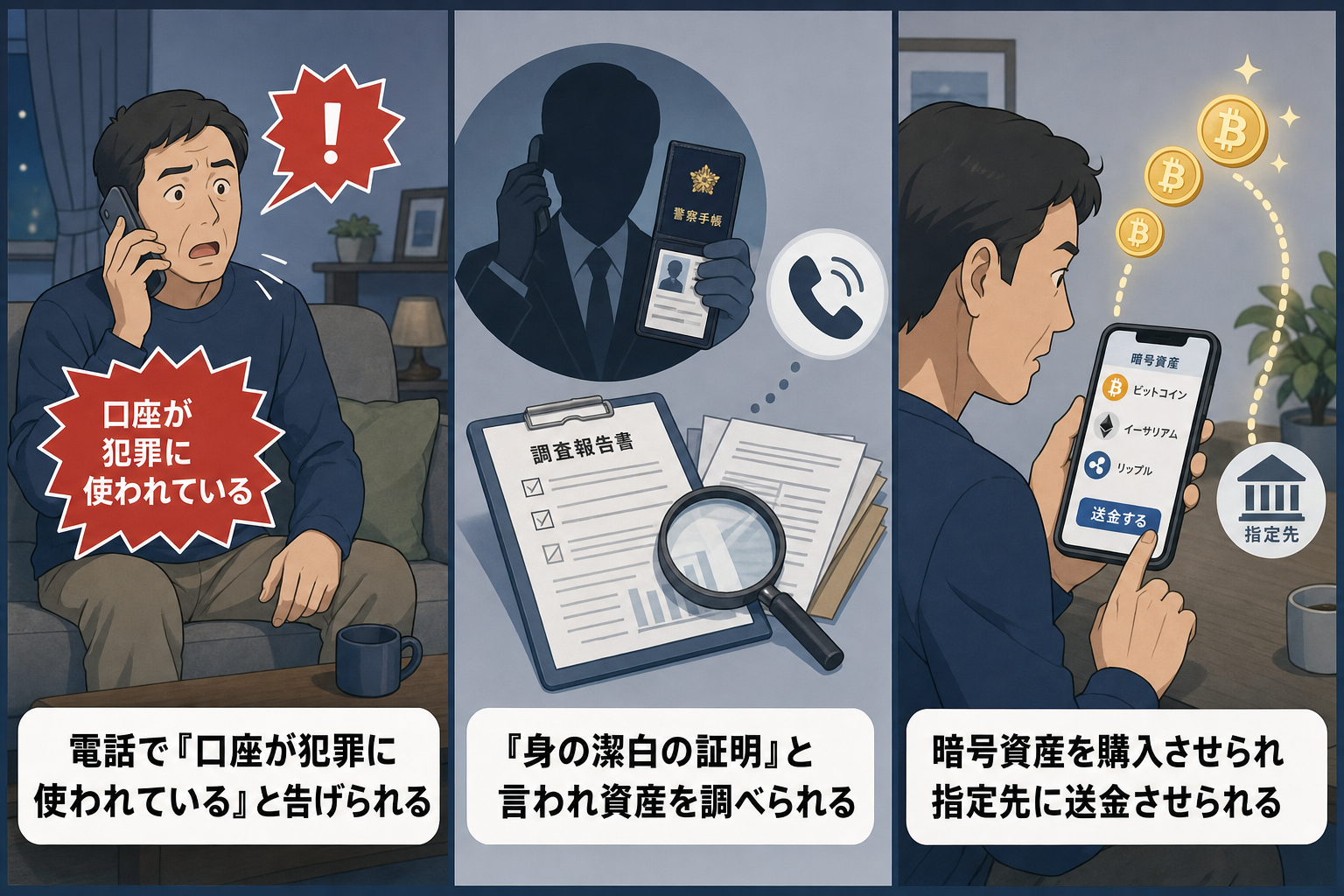 マネーロンダリングを口実にした詐欺の手口を示すイラスト