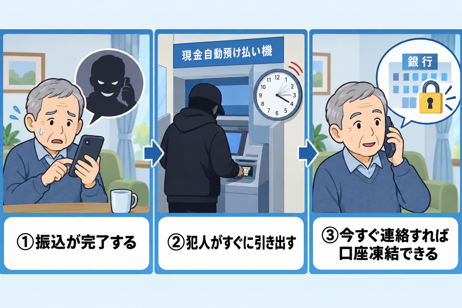 振り込んでしまった直後、口座凍結までの流れを示す3コマ図解イラスト
