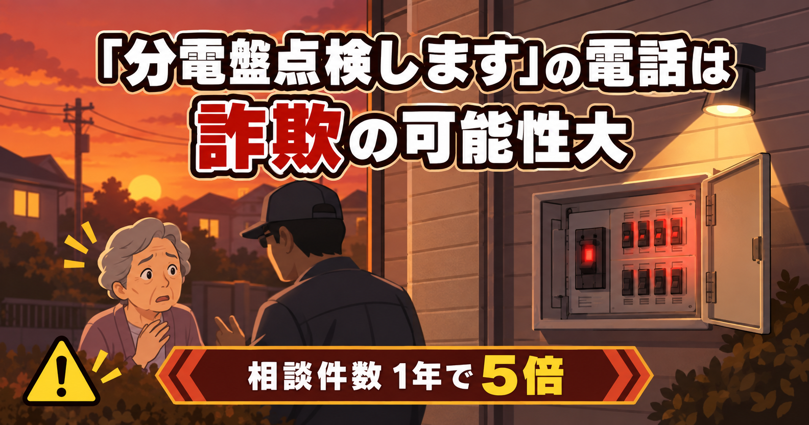 「分電盤点検します」の電話は詐欺の可能性大と呼びかけるアイキャッチ画像