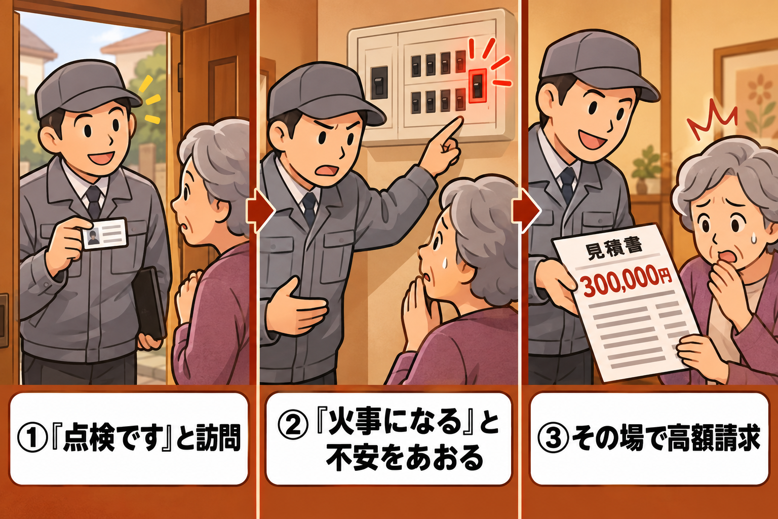 分電盤点検の電話から現金を要求されるまでの手口を示す3コマ図解イラスト