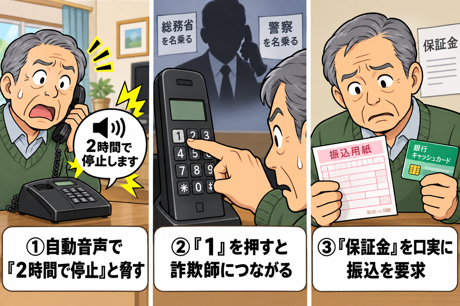 総務省を名乗る自動音声電話の詐欺の手口を示すイラスト