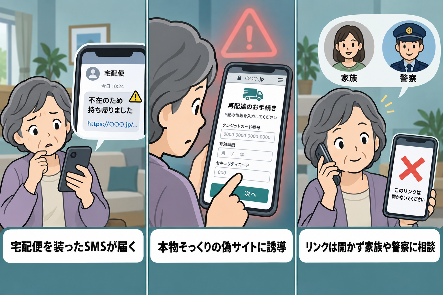 不在通知SMS詐欺の手口を示すイラスト(佐川急便・ヤマト運輸をかたる偽サイト)