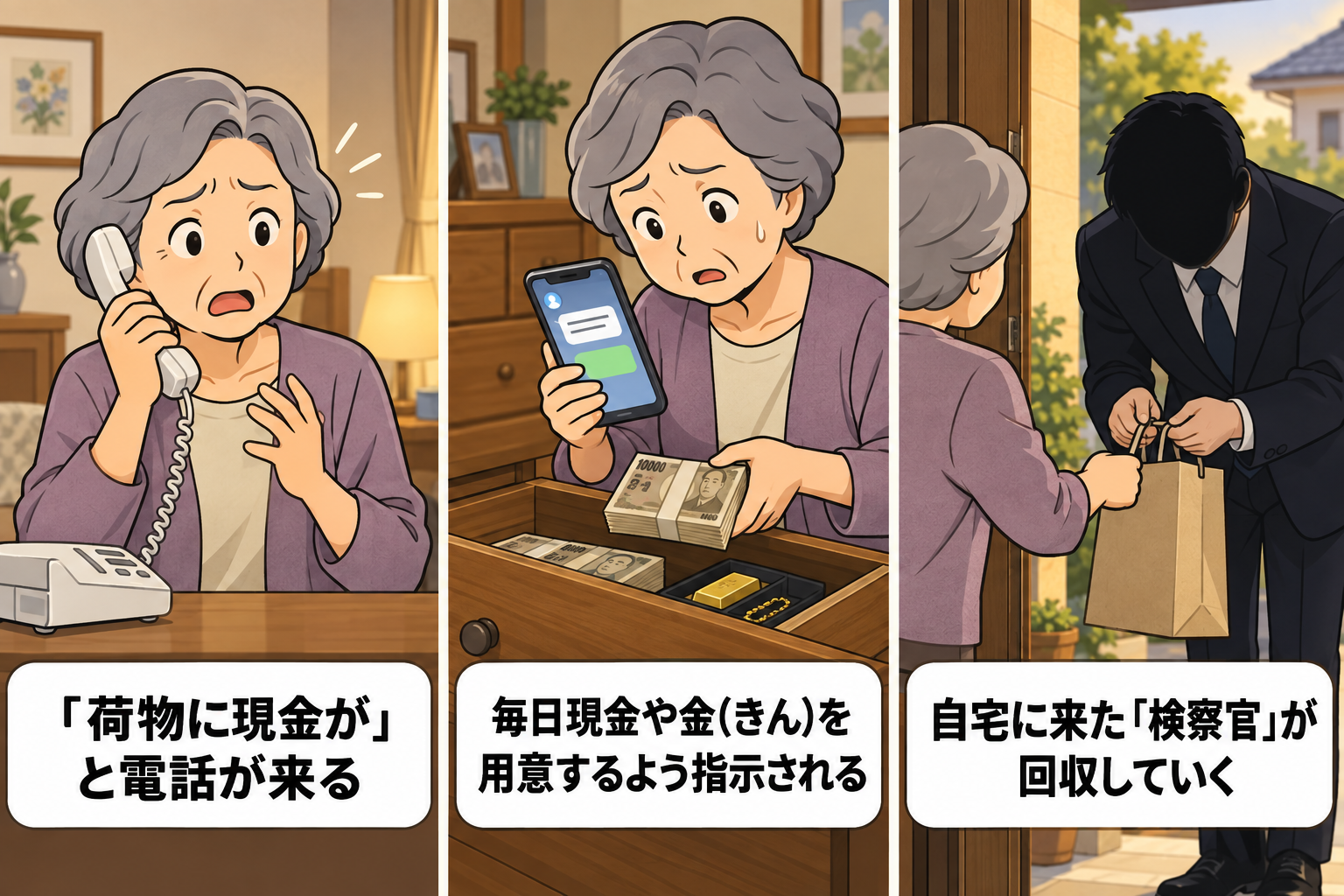 荷物に現金の電話から検察官なりすましで金を奪われるまでの手口を示す3コマ図解イラスト