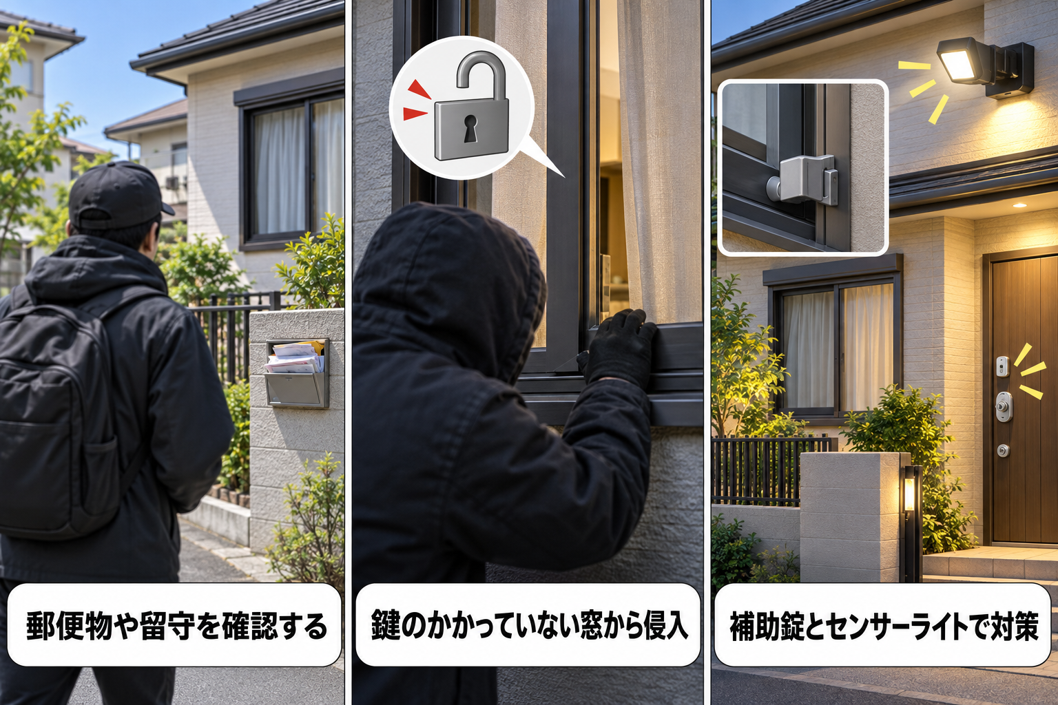 空き巣対策のために知っておきたい下見・侵入・盗難の手口を示す3コマイラスト