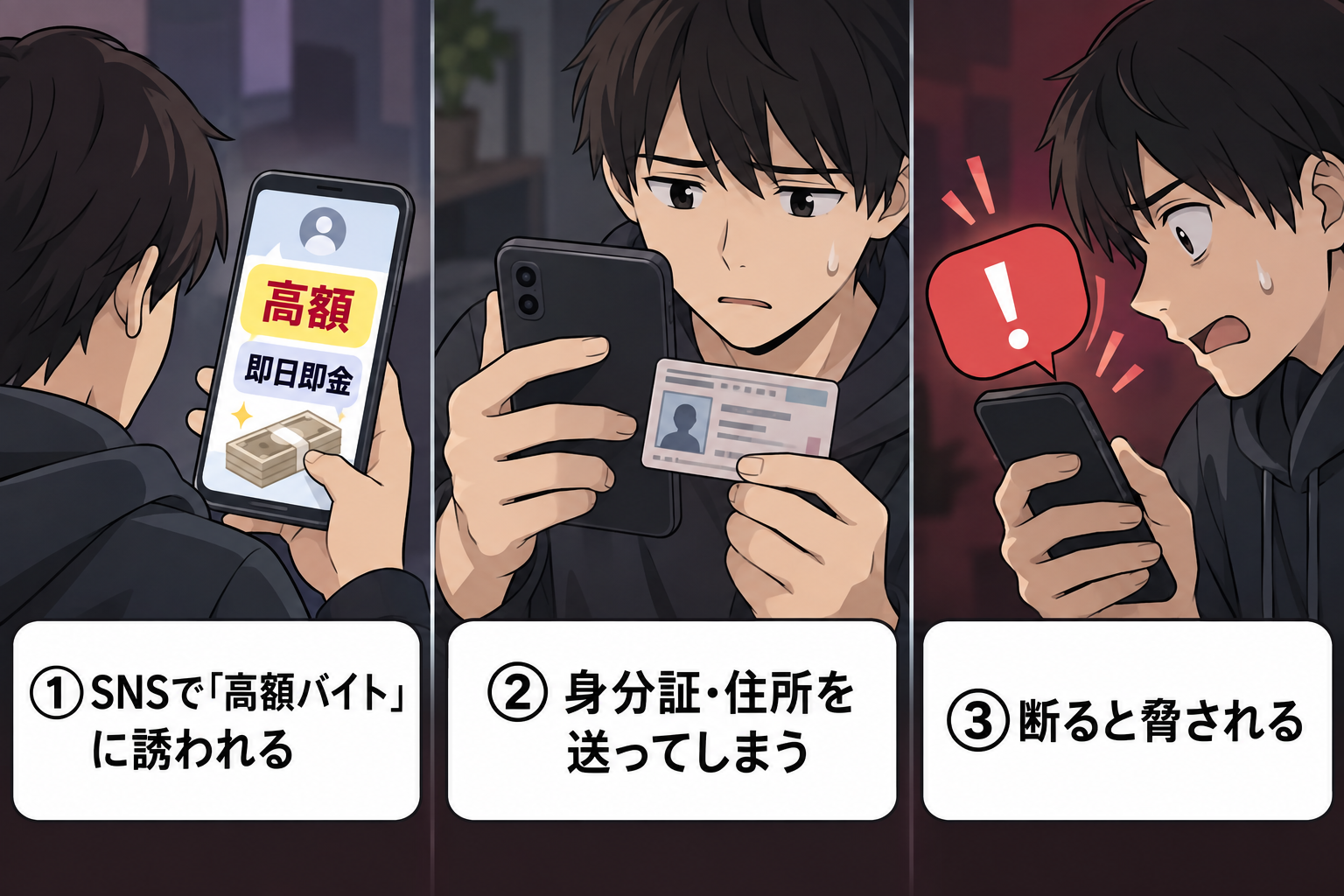 闇バイトを断ったら脅される流れを示す3コマイラスト