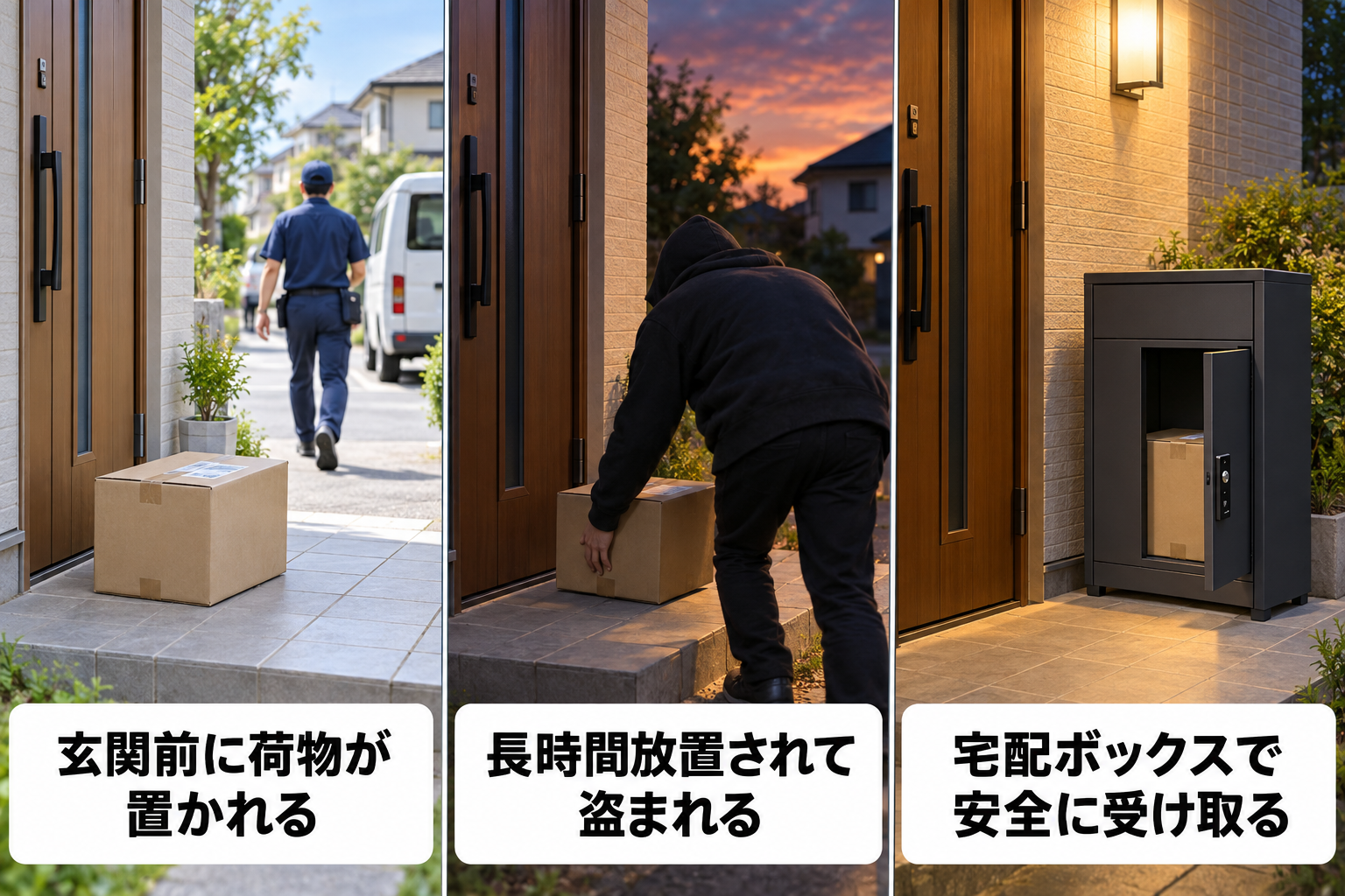 置き配の荷物が盗まれる流れと宅配ボックスでの対策を示す3コマイラスト